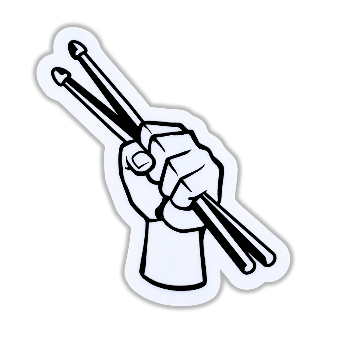 Illustration of a hand holding drumsticks on a white background