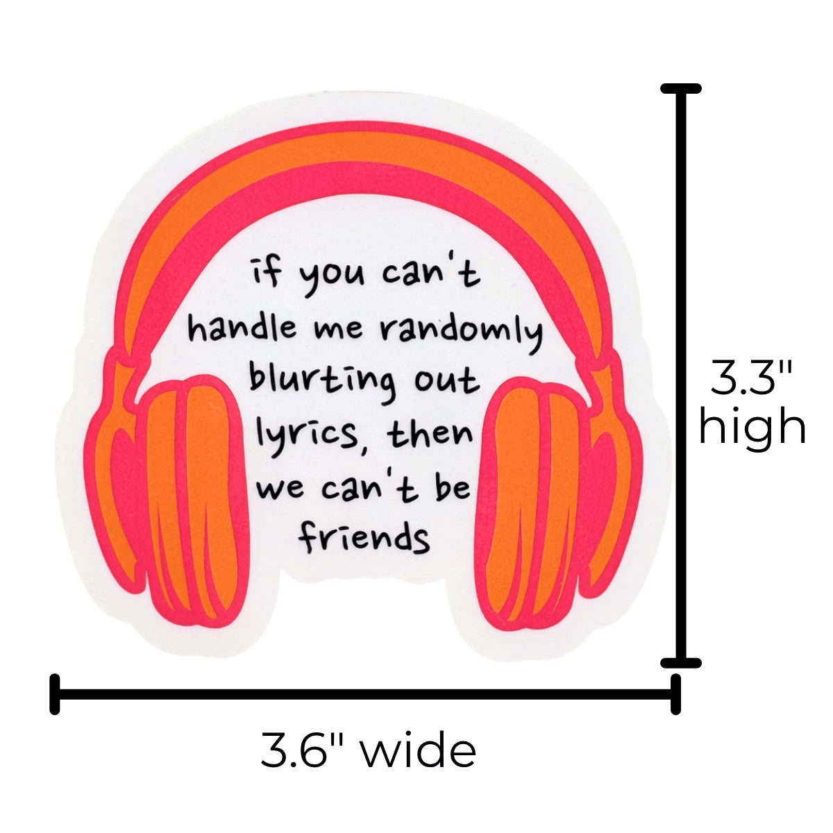 Sticker with pink and orange headphones and text, with dimensions displayed.