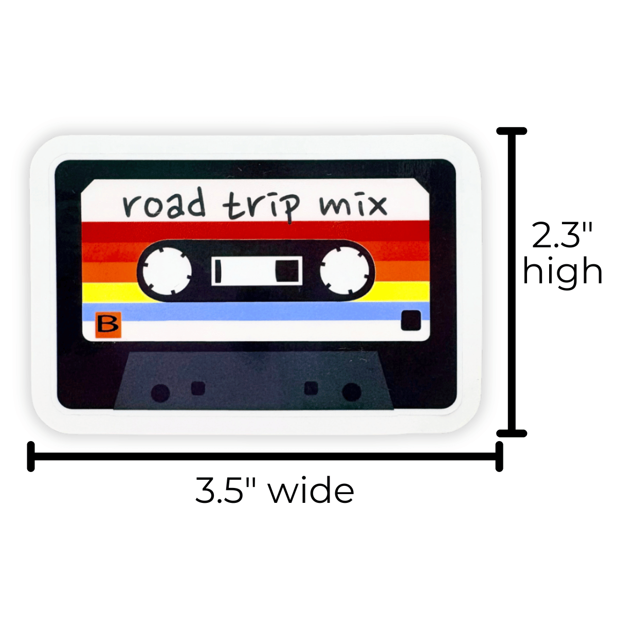 Illustration of a cassette tape with 'road trip mix' text and dimensions on a white background
