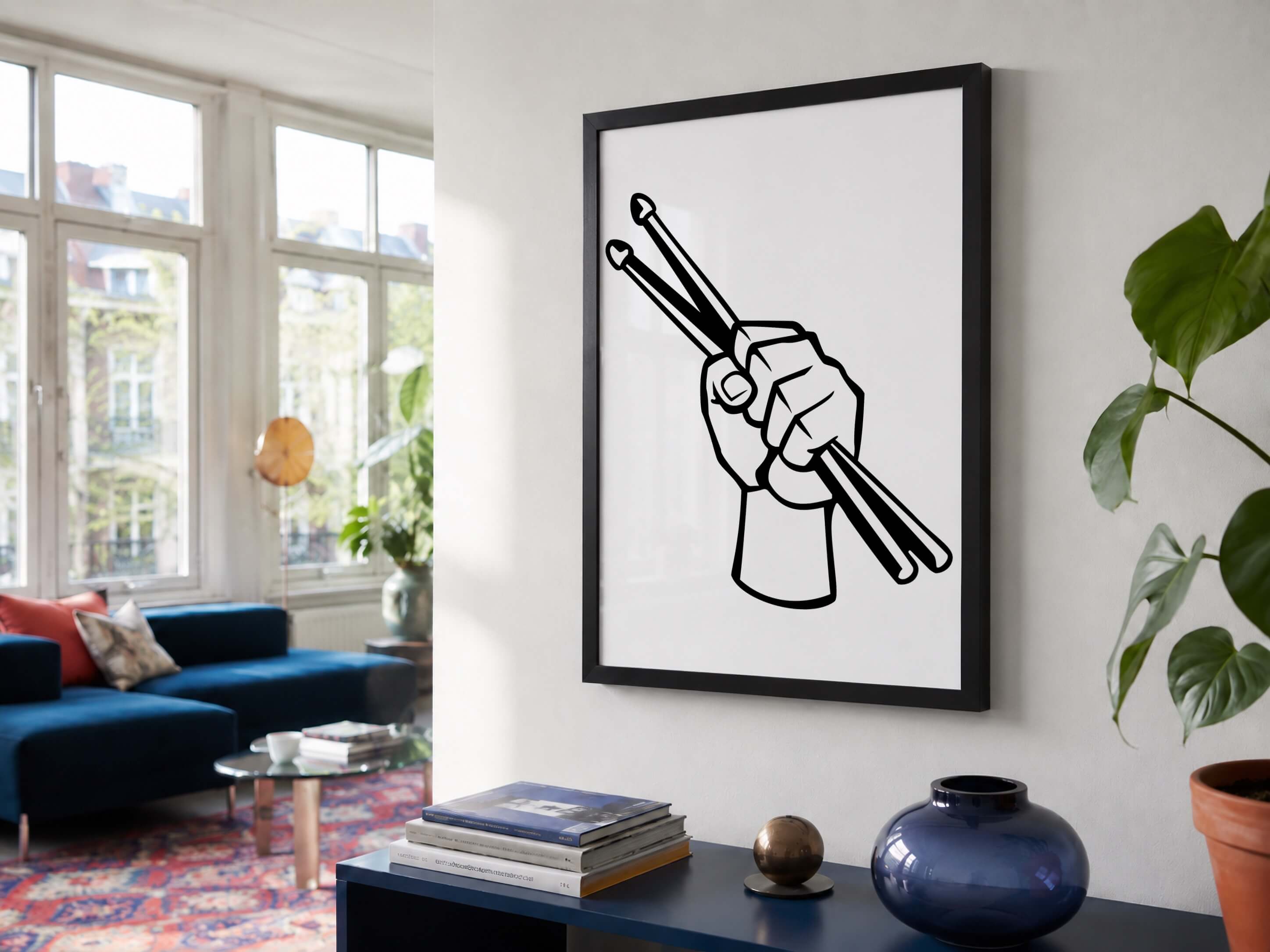 A framed black and white art print of a hand holding drumsticks, displayed on a light gray wall in a modern living room setting.