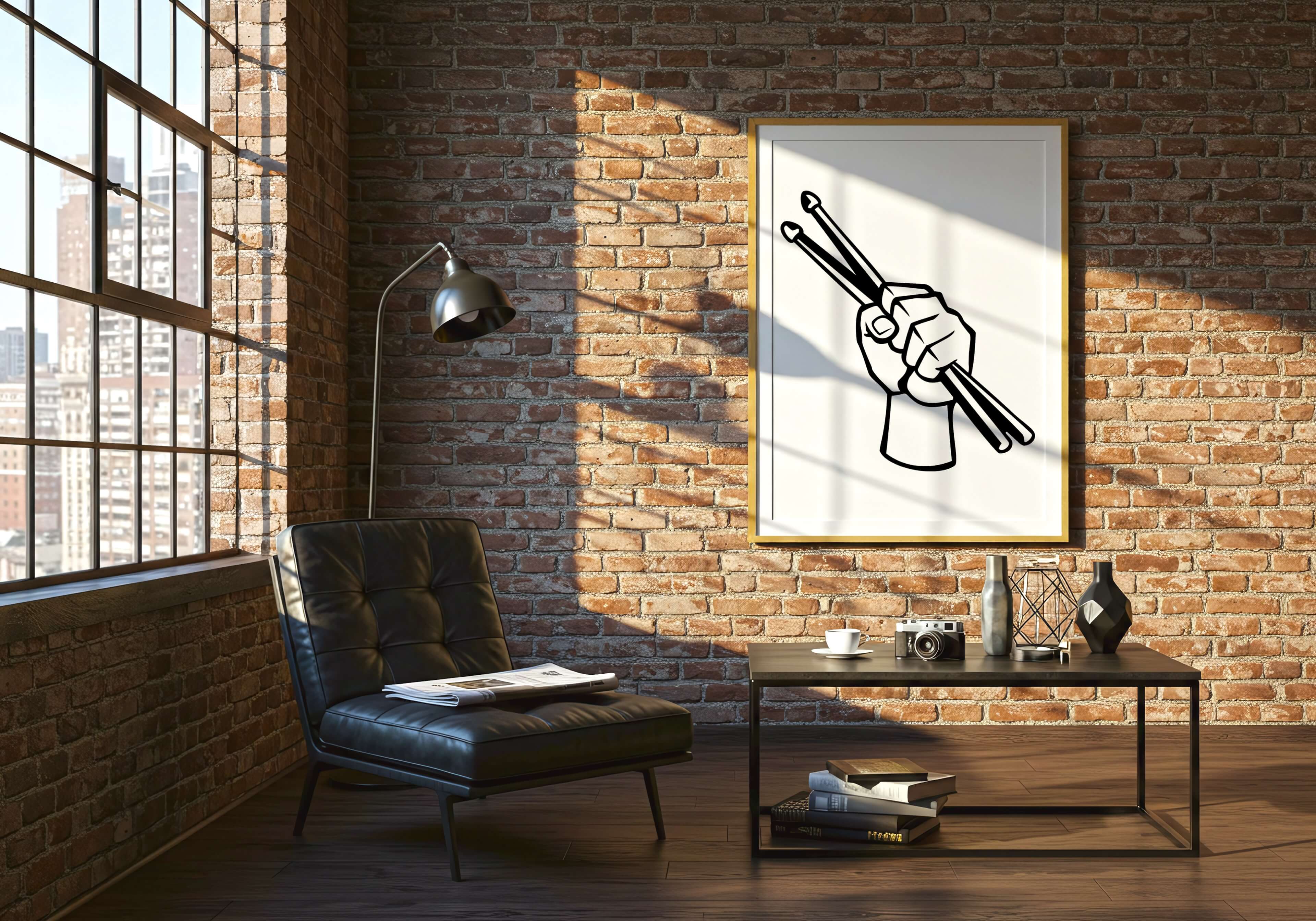 A framed black and white graphic art print of a hand holding drumsticks, displayed on a brick wall in a modern loft room setting with a leather chair and a coffee table.