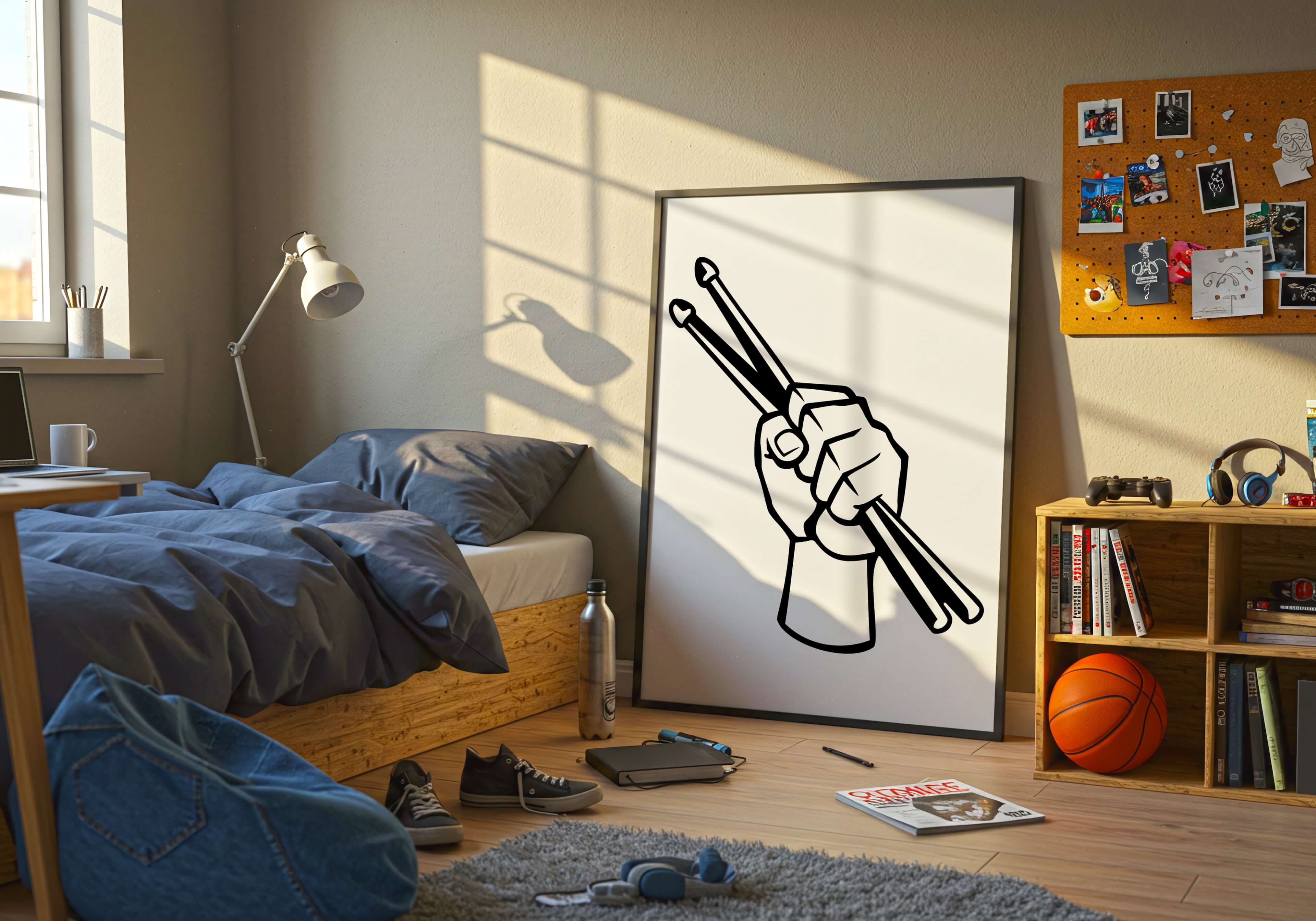 A framed black and white art print of a hand holding drumsticks, leaning against a wall in a messy dorm room.