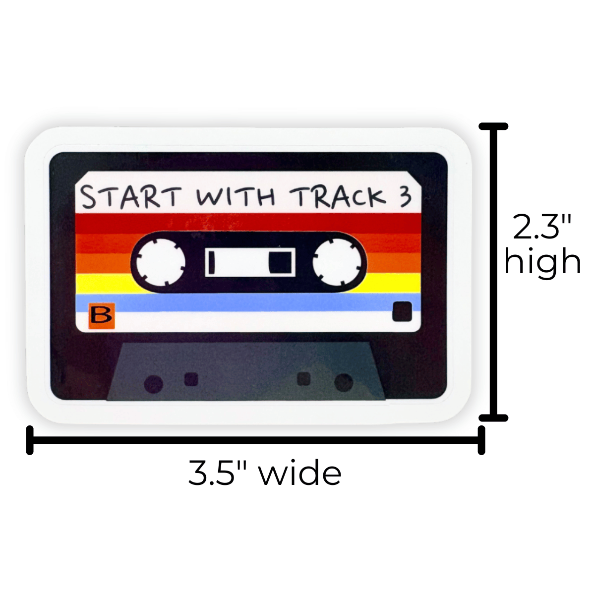 Illustration of a cassette tape with colorful design and text 'Start with Track 3', with dimensions labeled.