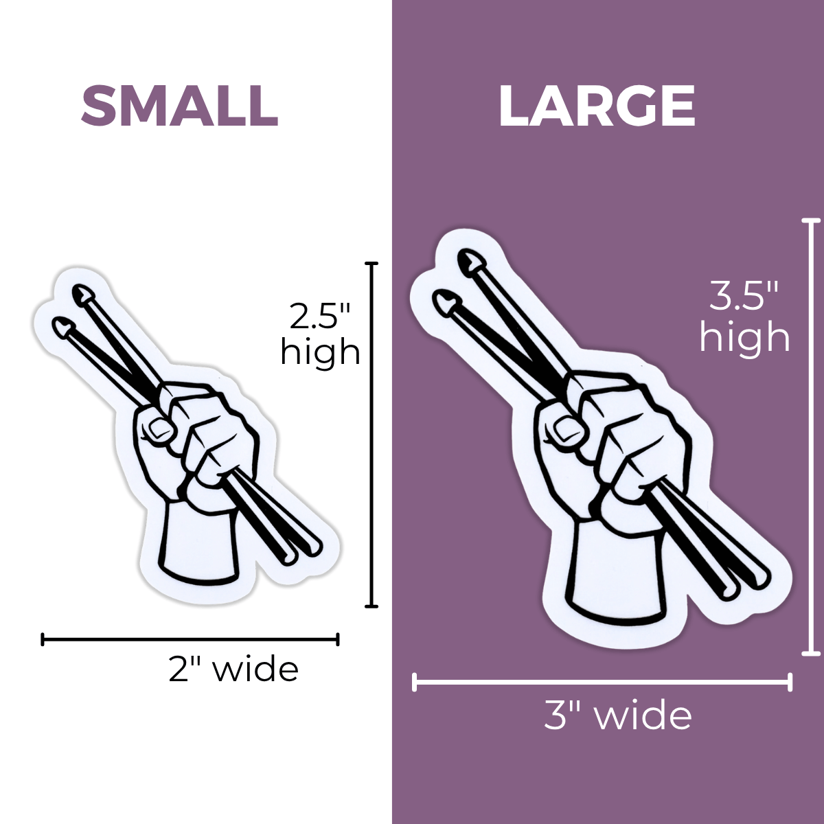 Illustrations of small and large versions of a product held in a hand, with measurements on a purple background.