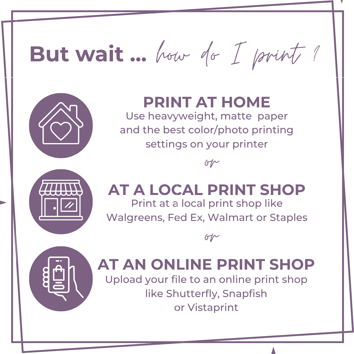 An informational graphic with the heading 'But wait ... how do I print?' Instructions follow on printing options.