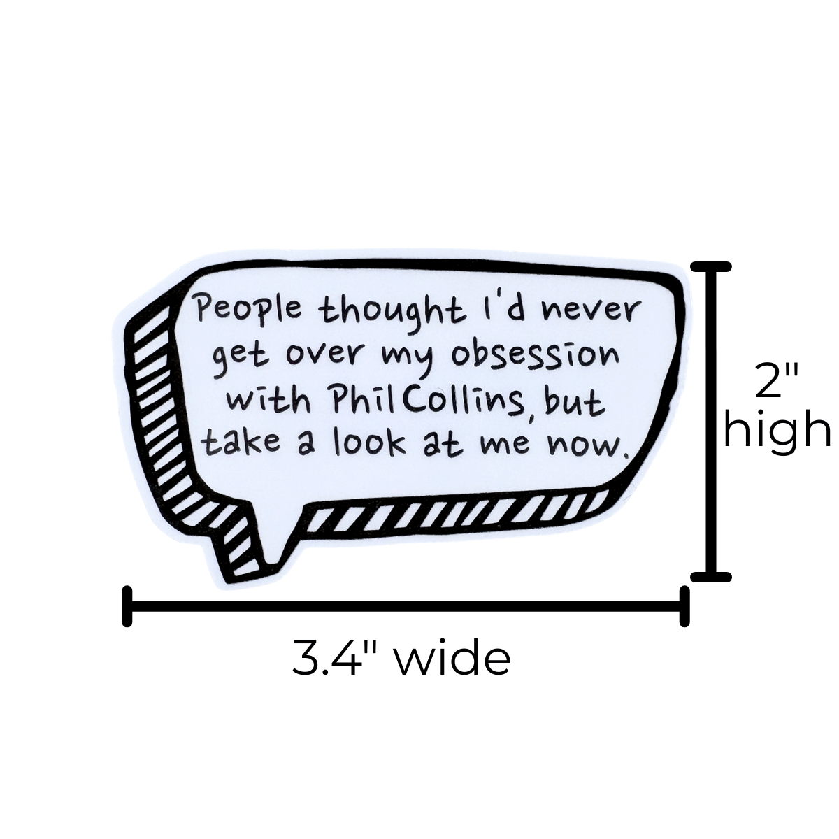Cartoon speech bubble with text and dimensions on a white background