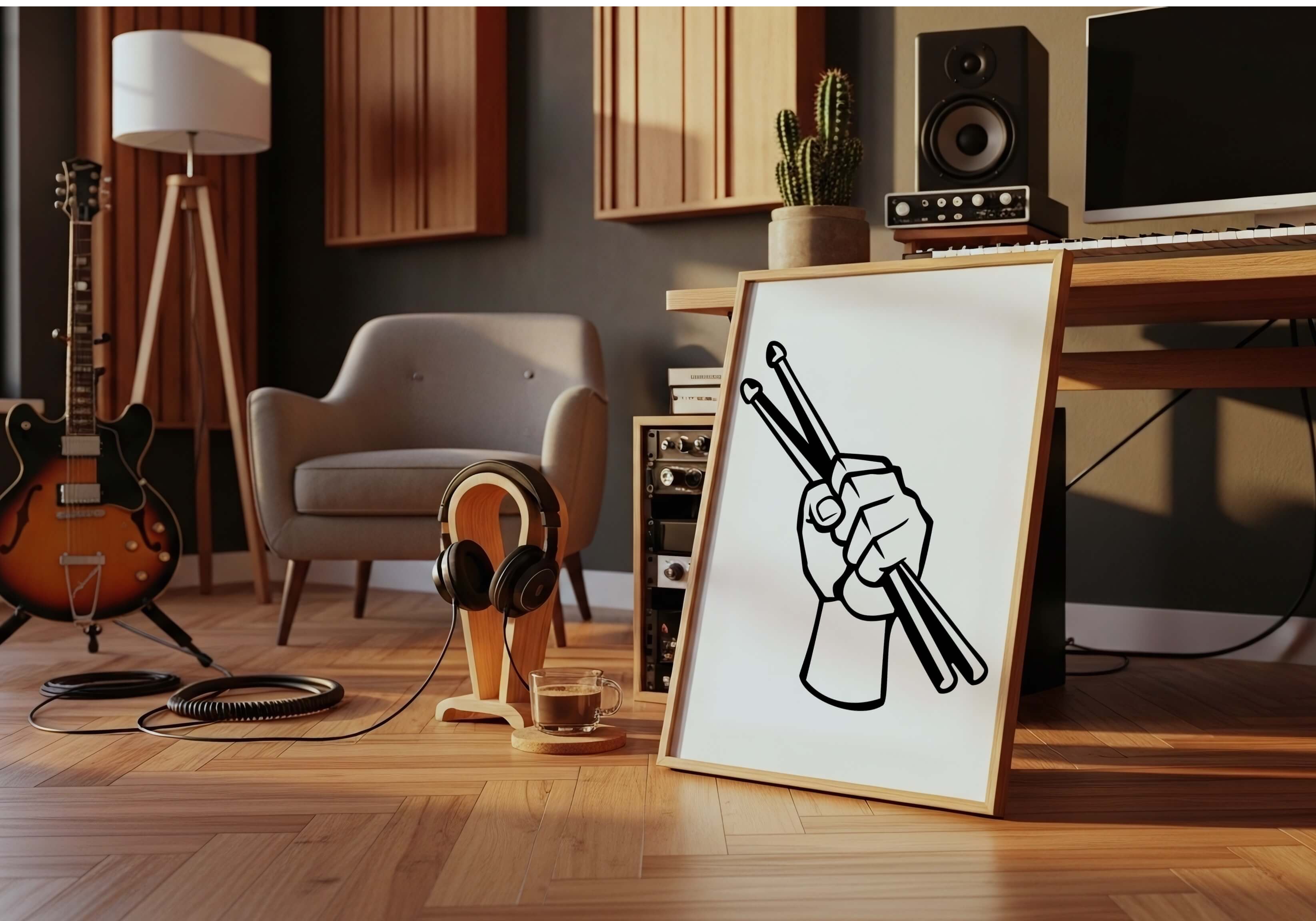 A framed minimalist art print featuring a black line drawing of a hand holding drumsticks on a white background, leaning against a wooden desk in a modern music studio with guitars, headphones, and speakers.