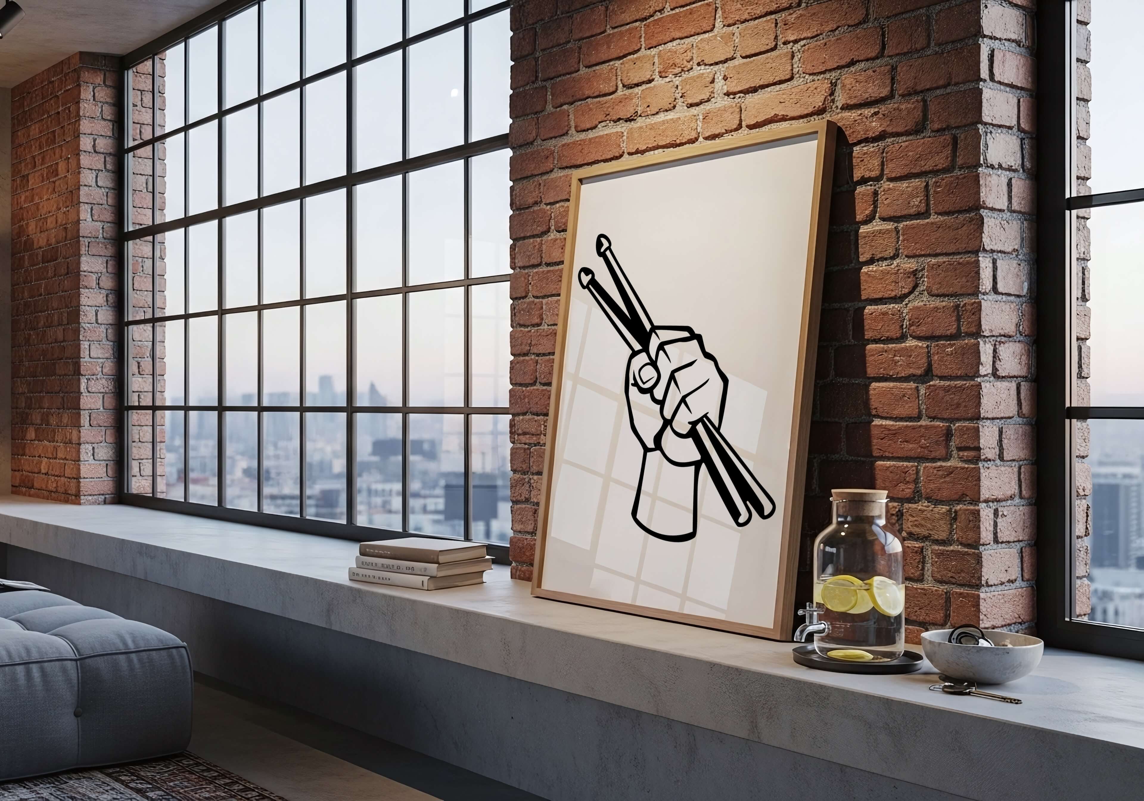 A framed minimalist art print featuring a hand holding drumsticks, leaning against a brick wall on a concrete windowsill in a modern loft room.