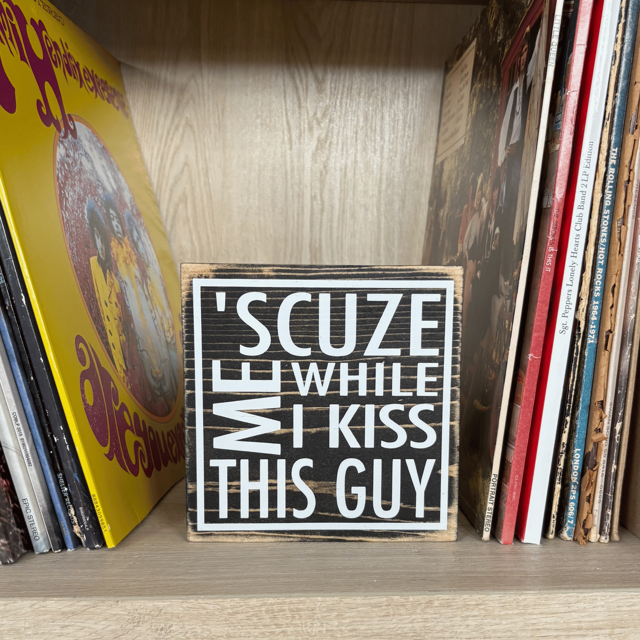 Wooden sign with humorous text on a shelf with records